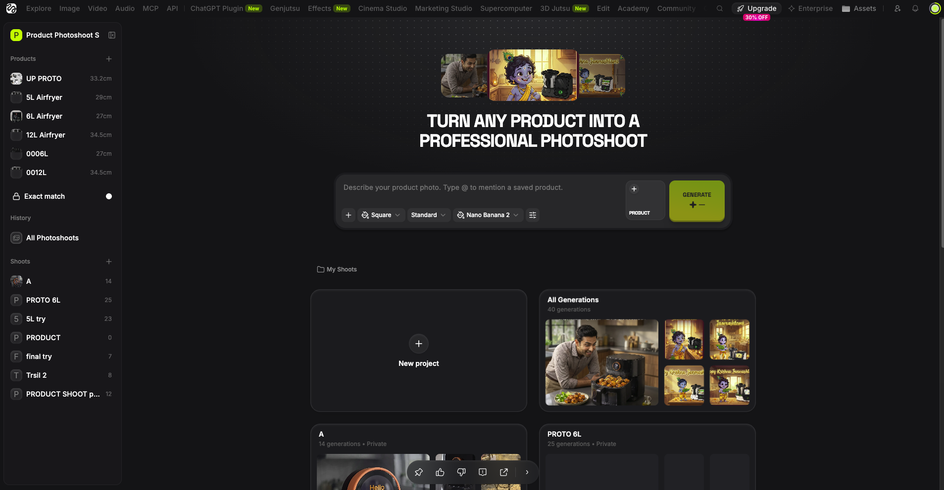Product Photoshoot Studio — Higgsfield app built by Akash, showing product-consistent AI photoshoot generations
